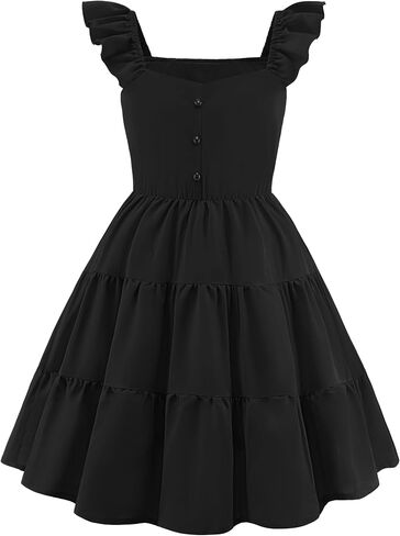 Arshiner Girls Dress Ruffle Sleeve Button Down Smocked Sundress Party Dresses with Pockets 6-14Y in Kuwait