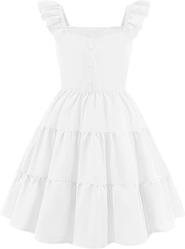 Arshiner Girls Dress Ruffle Sleeve Button Down Smocked Sundress Party Dresses with Pockets 6-14Y in Kuwait