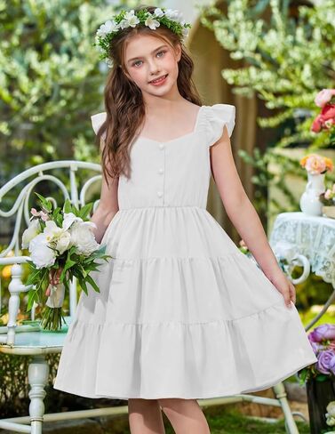 Arshiner Girls Dress Ruffle Sleeve Button Down Smocked Sundress Party Dresses with Pockets 6-14Y in Kuwait