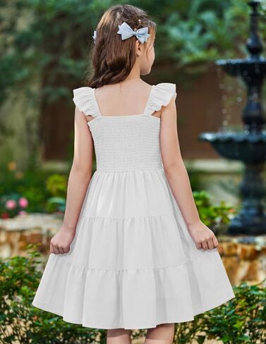 Arshiner Girls Dress Ruffle Sleeve Button Down Smocked Sundress Party Dresses with Pockets 6-14Y in Kuwait