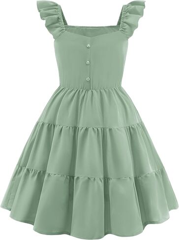 Arshiner Girls Dress Ruffle Sleeve Button Down Smocked Sundress Party Dresses with Pockets 6-14Y in Kuwait