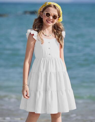 Arshiner Girls Dress Ruffle Sleeve Button Down Smocked Sundress Party Dresses with Pockets 6-14Y in Kuwait