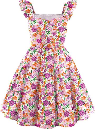 Arshiner Girls Dress Ruffle Sleeve Button Down Smocked Sundress Party Dresses with Pockets 6-14Y in Kuwait