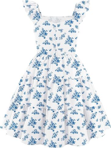 Arshiner Girls Dress Ruffle Sleeve Button Down Smocked Sundress Party Dresses with Pockets 6-14Y in Kuwait