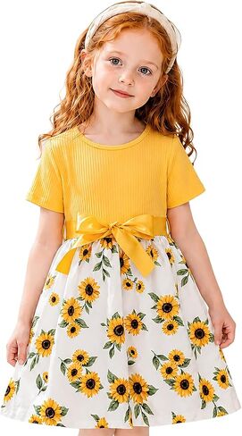 Vitianalie Girls Floral A-Line Dress, Short Sleeve Twirl Dress with Bow Waist, Kids Casual Summer Dress 4-8Y in Saudi Arabia