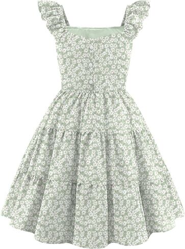 Arshiner Girls Dress Ruffle Sleeve Button Down Smocked Sundress Party Dresses with Pockets 6-14Y in Kuwait