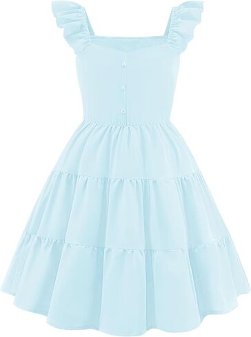 Arshiner Girls Dress Ruffle Sleeve Button Down Smocked Sundress Party Dresses with Pockets 6-14Y in Kuwait