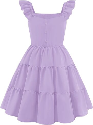 Arshiner Girls Dress Ruffle Sleeve Button Down Smocked Sundress Party Dresses with Pockets 6-14Y in Kuwait