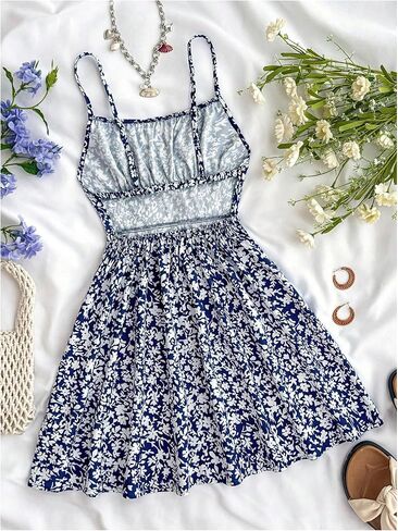 فستان SHENHE الصيفي للفتيات بنقشة الزهور وحزام سباغيتي A Line Flowy Boho للعطلات فستان صيفي قصير in Kuwait