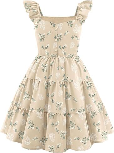 Arshiner Girls Dress Ruffle Sleeve Button Down Smocked Sundress Party Dresses with Pockets 6-14Y in Kuwait