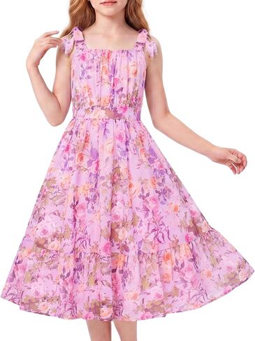 GRACE KARIN Girls Floral Chiffon Dress Summer Hawaiian Beach Vacation Party Wedding Birthday Sleeveless A-Line 7-14Y in Kuwait