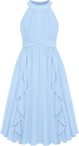 GRACE KARIN Girls Halter Neck Dress Midi Party Casual Chiffon Weeding Sundress Swing Pleated Dresses for Girl 6-14 in Kuwait