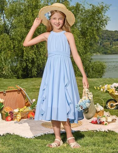 GRACE KARIN Girls Halter Neck Dress Midi Party Casual Chiffon Weeding Sundress Swing Pleated Dresses for Girl 6-14 in Kuwait