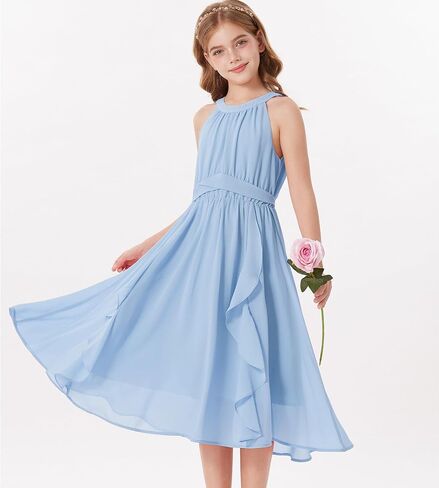 GRACE KARIN Girls Halter Neck Dress Midi Party Casual Chiffon Weeding Sundress Swing Pleated Dresses for Girl 6-14 in Kuwait