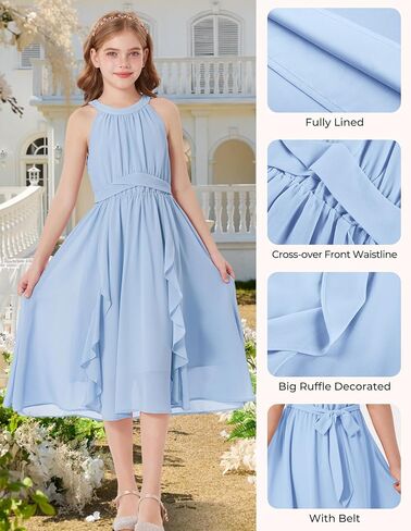 GRACE KARIN Girls Halter Neck Dress Midi Party Casual Chiffon Weeding Sundress Swing Pleated Dresses for Girl 6-14 in Kuwait