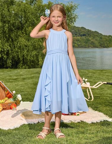 GRACE KARIN Girls Halter Neck Dress Midi Party Casual Chiffon Weeding Sundress Swing Pleated Dresses for Girl 6-14 in Kuwait