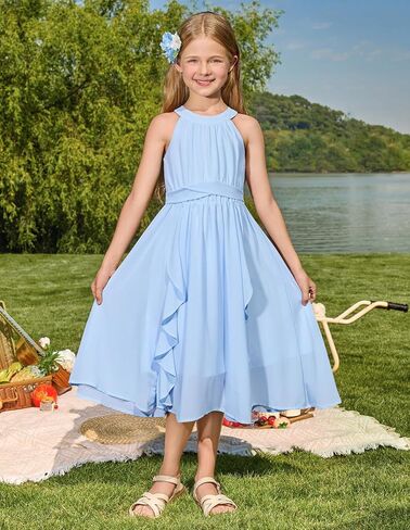 GRACE KARIN Girls Halter Neck Dress Midi Party Casual Chiffon Weeding Sundress Swing Pleated Dresses for Girl 6-14 in Kuwait