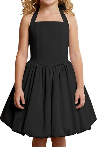 OBEEII Kids Girls Halter Bubble Ruffle Dress Summer Sleeveless A-line Solid Color Midi Dress Elegant Formal Prom Gown in Kuwait