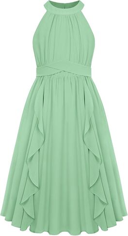 GRACE KARIN Girls Halter Neck Dress Midi Party Casual Chiffon Weeding Sundress Swing Pleated Dresses for Girl 6-14 in Kuwait