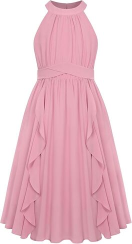 GRACE KARIN Girls Halter Neck Dress Midi Party Casual Chiffon Weeding Sundress Swing Pleated Dresses for Girl 6-14 in Kuwait