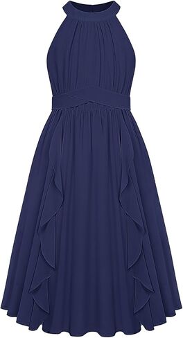 GRACE KARIN Girls Halter Neck Dress Midi Party Casual Chiffon Weeding Sundress Swing Pleated Dresses for Girl 6-14 in Kuwait