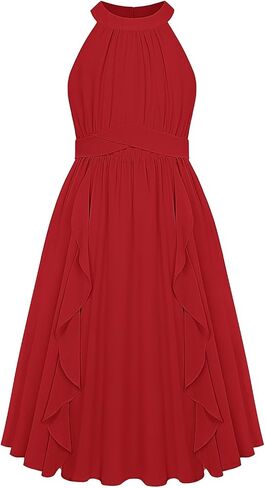 GRACE KARIN Girls Halter Neck Dress Midi Party Casual Chiffon Weeding Sundress Swing Pleated Dresses for Girl 6-14 in Kuwait