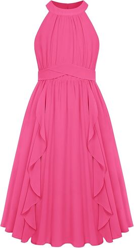 GRACE KARIN Girls Halter Neck Dress Midi Party Casual Chiffon Weeding Sundress Swing Pleated Dresses for Girl 6-14 in Kuwait