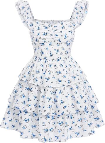 EXARUS Girls Padded Floral Dress Summer Ruffle Swing Flowy Spring Casual Sweetheart Smocked Waist A-line Dresses in Kuwait