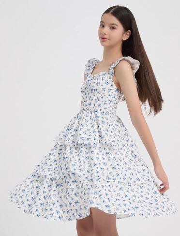 EXARUS Girls Padded Floral Dress Summer Ruffle Swing Flowy Spring Casual Sweetheart Smocked Waist A-line Dresses in Kuwait