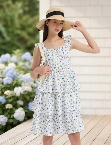 EXARUS Girls Padded Floral Dress Summer Ruffle Swing Flowy Spring Casual Sweetheart Smocked Waist A-line Dresses in Kuwait