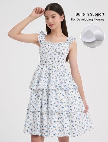 EXARUS Girls Padded Floral Dress Summer Ruffle Swing Flowy Spring Casual Sweetheart Smocked Waist A-line Dresses in Kuwait