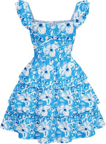 EXARUS Girls Padded Floral Dress Summer Ruffle Swing Flowy Spring Casual Sweetheart Smocked Waist A-line Dresses in Kuwait