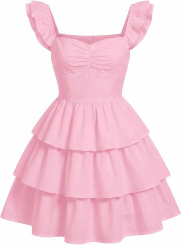 EXARUS Girls Padded Floral Dress Summer Ruffle Swing Flowy Spring Casual Sweetheart Smocked Waist A-line Dresses in Kuwait