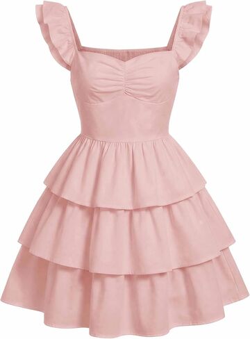 EXARUS Girls Padded Floral Dress Summer Ruffle Swing Flowy Spring Casual Sweetheart Smocked Waist A-line Dresses in Kuwait