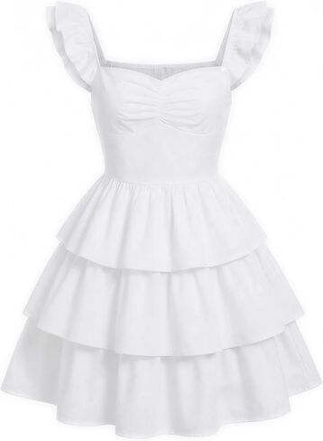 EXARUS Girls Padded Floral Dress Summer Ruffle Swing Flowy Spring Casual Sweetheart Smocked Waist A-line Dresses in Kuwait