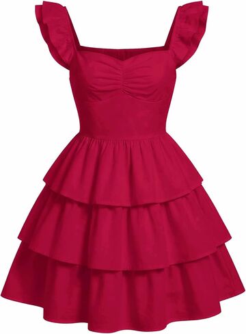 EXARUS Girls Padded Floral Dress Summer Ruffle Swing Flowy Spring Casual Sweetheart Smocked Waist A-line Dresses in Kuwait