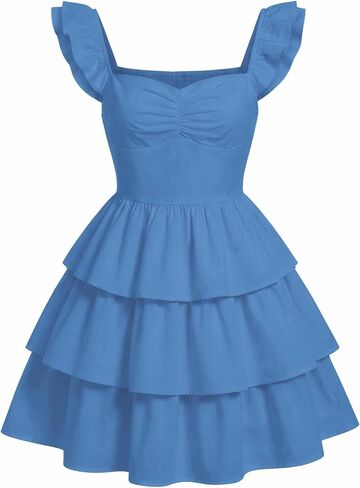 EXARUS Girls Padded Floral Dress Summer Ruffle Swing Flowy Spring Casual Sweetheart Smocked Waist A-line Dresses in Kuwait