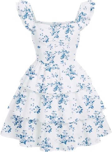 EXARUS Girls Padded Floral Dress Summer Ruffle Swing Flowy Spring Casual Sweetheart Smocked Waist A-line Dresses in Kuwait