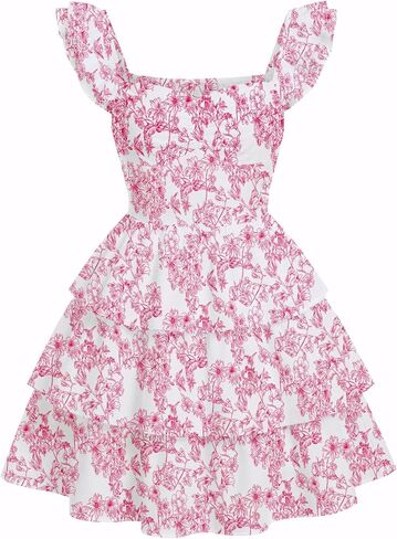EXARUS Girls Padded Floral Dress Summer Ruffle Swing Flowy Spring Casual Sweetheart Smocked Waist A-line Dresses in Kuwait