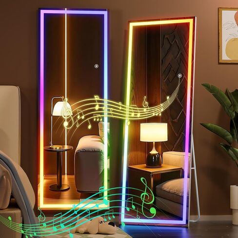 Hasipu 56"x16" LED RGB Bluetooth Full Length Mirror with Lights, Full Body Mirror with Stand, Wall Mount & Free Standing Floor Mirror for Bedroom Living Room Cloakroom, 7 Color & Brightness Adjustable in Kuwait