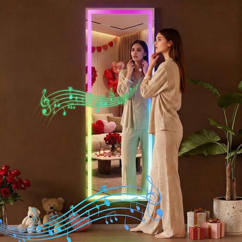 Hasipu 56"x16" LED RGB Bluetooth Full Length Mirror with Lights, Full Body Mirror with Stand, Wall Mount & Free Standing Floor Mirror for Bedroom Living Room Cloakroom, 7 Color & Brightness Adjustable in Kuwait