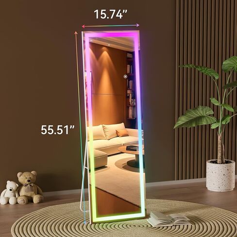 Hasipu 56"x16" LED RGB Bluetooth Full Length Mirror with Lights, Full Body Mirror with Stand, Wall Mount & Free Standing Floor Mirror for Bedroom Living Room Cloakroom, 7 Color & Brightness Adjustable in Kuwait