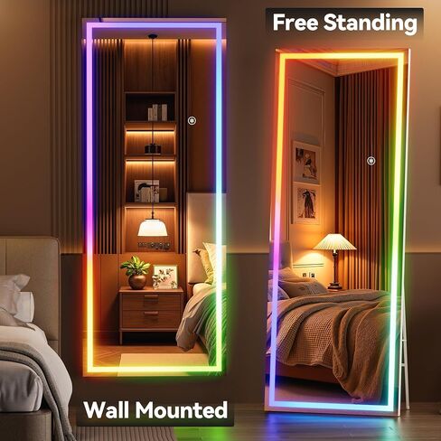 Hasipu 56"x16" LED RGB Bluetooth Full Length Mirror with Lights, Full Body Mirror with Stand, Wall Mount & Free Standing Floor Mirror for Bedroom Living Room Cloakroom, 7 Color & Brightness Adjustable in Kuwait
