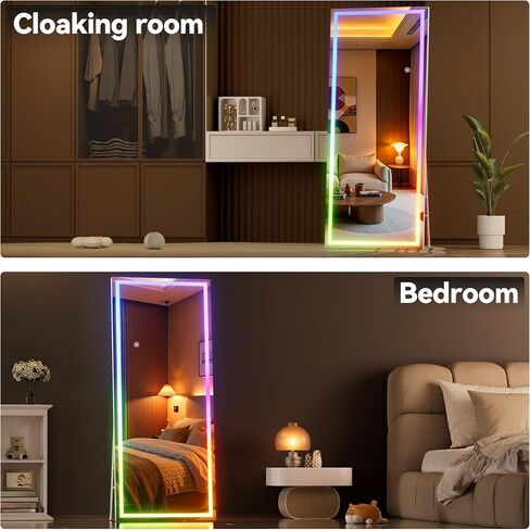 Hasipu 56"x16" LED RGB Bluetooth Full Length Mirror with Lights, Full Body Mirror with Stand, Wall Mount & Free Standing Floor Mirror for Bedroom Living Room Cloakroom, 7 Color & Brightness Adjustable in Kuwait