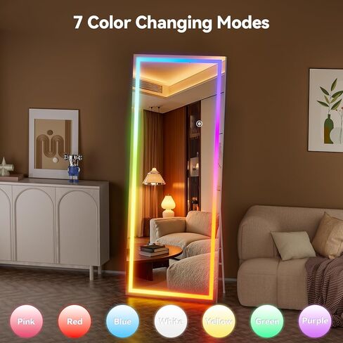 Hasipu 56"x16" LED RGB Bluetooth Full Length Mirror with Lights, Full Body Mirror with Stand, Wall Mount & Free Standing Floor Mirror for Bedroom Living Room Cloakroom, 7 Color & Brightness Adjustable in Kuwait