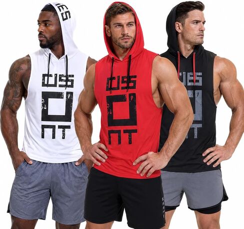 Men’s 3 Pack Quick Dry Sleeveless Hooded Tank Tops, Loose Fit Athletic Vest, Printed Moisture Wicking for Workout in Saudi Arabia