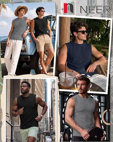 Neer 3 Pack Men's Waffle Knit Tank Tops Crew Neck Sleeveless Shirts Summer Casual Athletic Muscle Gym Slim Fit Solid Tees in Kuwait