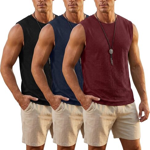 Neer 3 Pack Men's Waffle Knit Tank Tops Crew Neck Sleeveless Shirts Summer Casual Athletic Muscle Gym Slim Fit Solid Tees in Kuwait