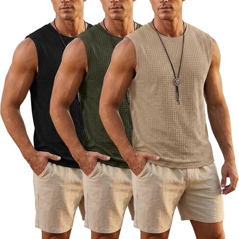 Neer 3 Pack Men's Waffle Knit Tank Tops Crew Neck Sleeveless Shirts Summer Casual Athletic Muscle Gym Slim Fit Solid Tees in Kuwait
