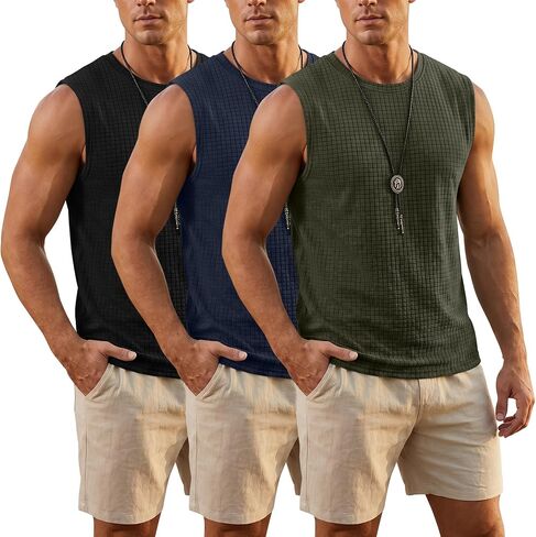 Neer 3 Pack Men's Waffle Knit Tank Tops Crew Neck Sleeveless Shirts Summer Casual Athletic Muscle Gym Slim Fit Solid Tees in Kuwait
